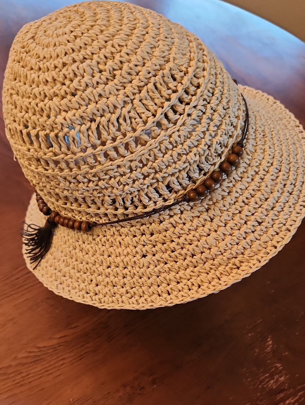 pistil Crochet Straw Sun Hat with Wood Bead Accent - Beige